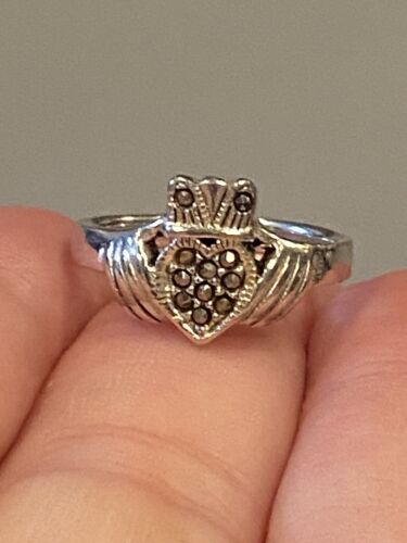 Solid Vintage 925 Marcasite Claddagh Ring Size 6.5