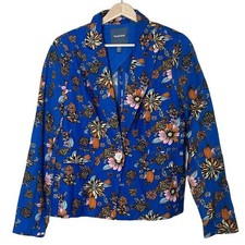 Modcloth Linen Floral Blue Blazer Size M Botanical Long Sleeve New