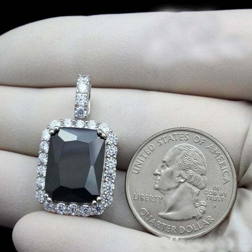Colgante con halo de diamantes negros talla esmeralda de 3,75 quilates acabado en oro blanco de 14 quilates cadena gratis - Imagen 3 de 4