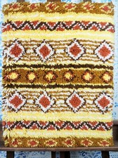 Vintage 1970s Latch Hook Rug Wall Decor Southwest Style Rust Yellow Brown 25X18