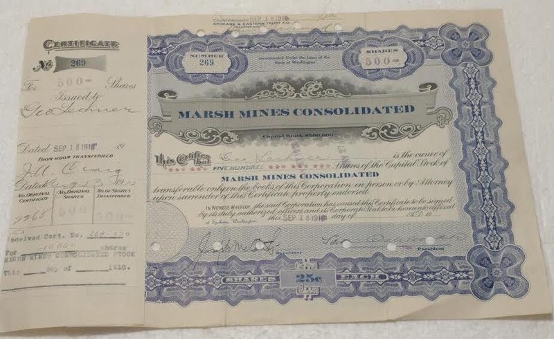 1916 MARSH MINES CONS 500sh ctf #269 paperwork w/seal, stamp NM RARE minor wear