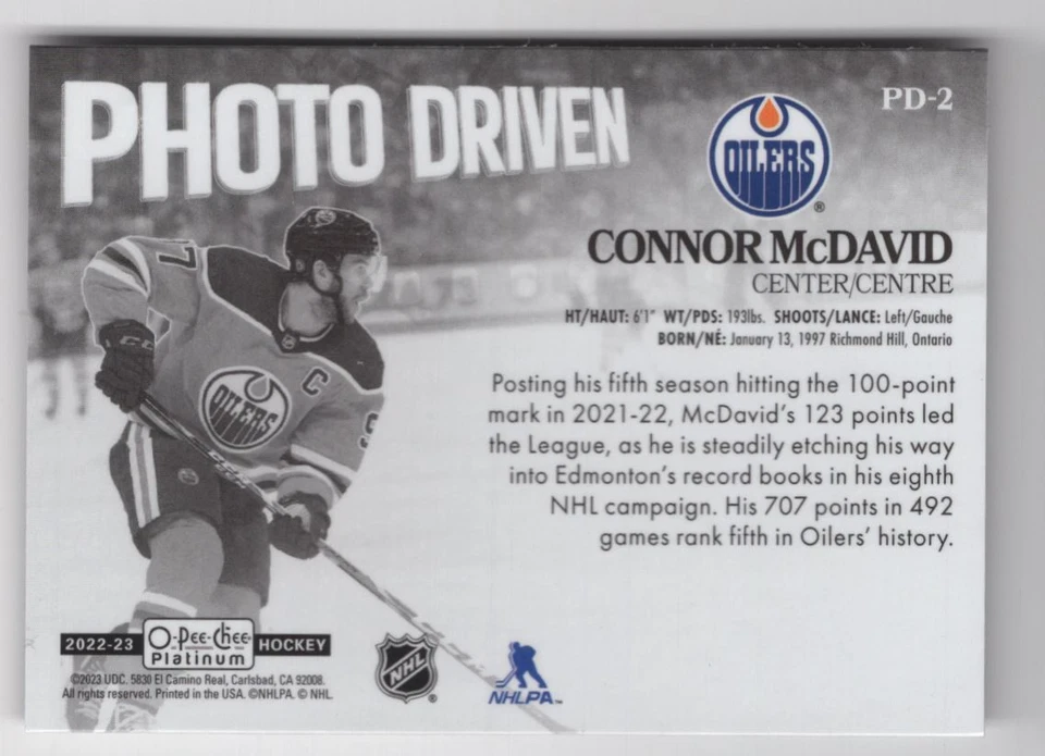 2022-23 O-Pee-Chee Platinum Photo Driven Connor McDavid Edmonton Oilers #PD-2 . - Image 2 of 2