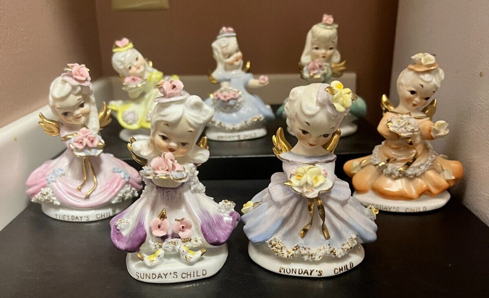Vtg Lefton Days of the Week Birthday Angels Full Set of 7 K8281 MCM Porcelain