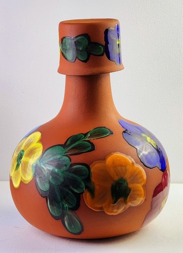 Hand-Painted Mexican Clay Pottery - Water Jug Carafe & Cup - Floral Design - Picture 4 of 15