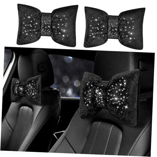 2PCS Car Headrest Pillow, Rhinestones Bowknot Car Neck Pillow, Car Neck
