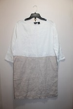 TAHARI TUNIC SHIFT DRESS 100% LINEN TAN BEIGE & WHITE SIZE L