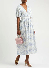 LoveShackFancy White Bow Floral V-Neck Puff Short Sleeve Cotton Midi Dress S
