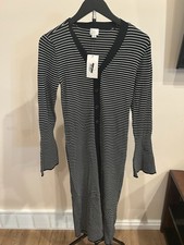 A New Day Black White Striped Knit Sweater Dress V-Neck Button Front Midi M