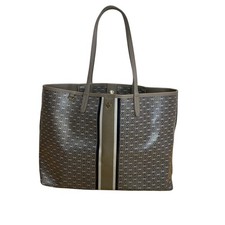 Tory Burch Gemini Chain Link Large Tote Bag Canvas Brown Taupe Strip Gold