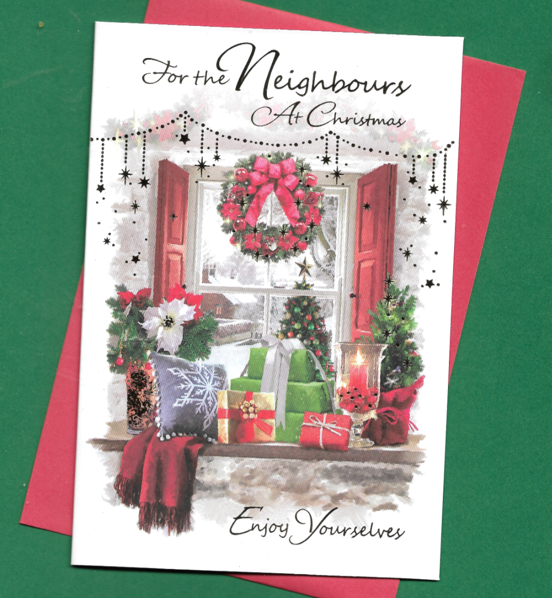 Neighbours Christmas Card Xmas Window View Scene Floral Wreath 19x13cm