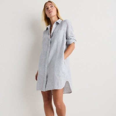 Quince 100% European Linen Shirt Dress Blue Pinstripe Long Sleeve Size Medium