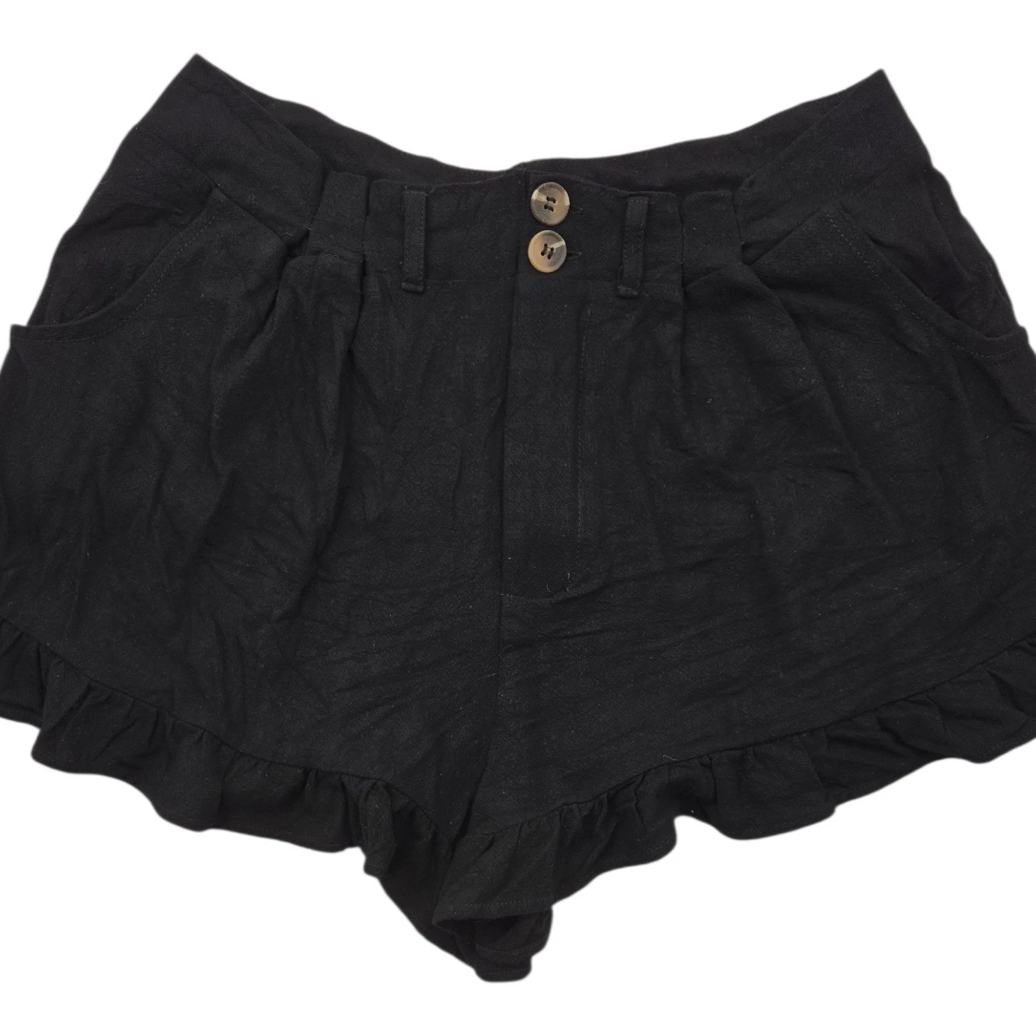 Umgee USA Black Linen Blend Ruffle Hem High Waist Shorts Women's Size L Pleated