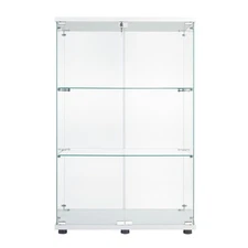 15 Inch Two Door Glass Cabinet Glass Display Cabinet with 3 Shelves, White