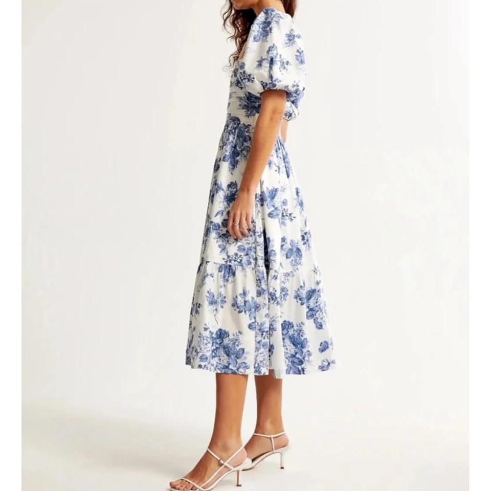 Abercrombie Fitch Emerson Poplin Puff Sleeve Floral Midi Dress Blue White M - Image 3 of 4