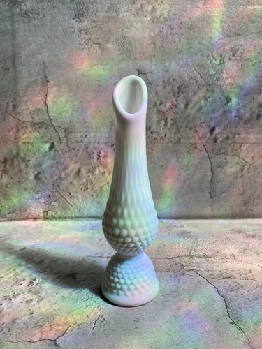 Vintage Fenton White Milk Glass Hobnail Swung Bud Vase approx 8.5”