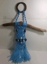 Vintage Driftwood Macrame Wall Hanging Boho Hippie Handmade OOAK 18in Blue