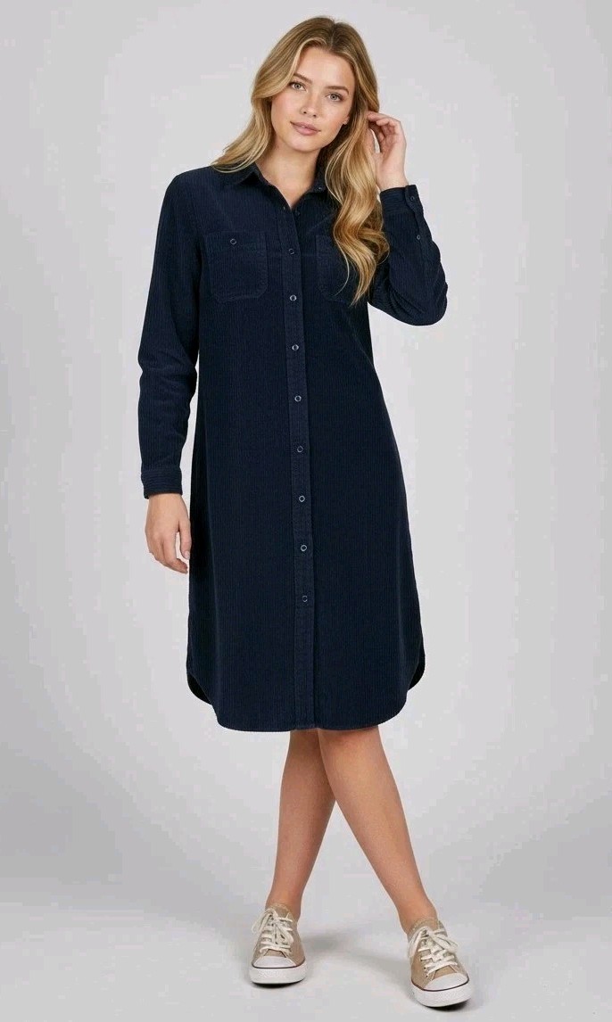 Vintage LL Bean Shift Dress Womens 12 Blue Corduroy Pockets Button Front Shirt