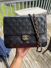 Chanel Vintage Classic Front Flap Leather Shoulder Bag Black