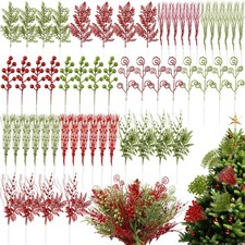 60 Pcs Glitter Christmas Tree Picks Set Red Green Artificial Glitter Berry St...