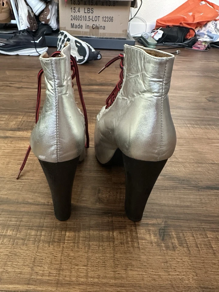 Retro EPC Jeffrey campbell Lita Platform Booties Silver With Red Laces Sz 7m - Image 3 of 4