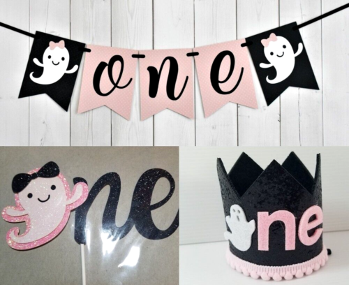 Pink & Black Theme ONE 1st Birthday Party BANNER Ghost Cake PICK Glitz CROWN New - Picture 1 of 5