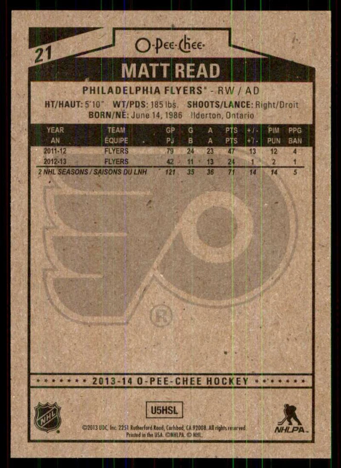 2013-14 O-Pee-Chee Matt Read #21 - Image 2 of 2