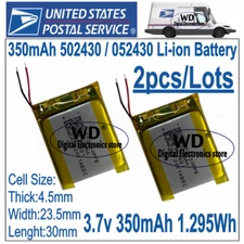 2pcs 350mAh 502430/052430 Li-ion Battery For Dash Camera Garmin Golfbuddy Watch
