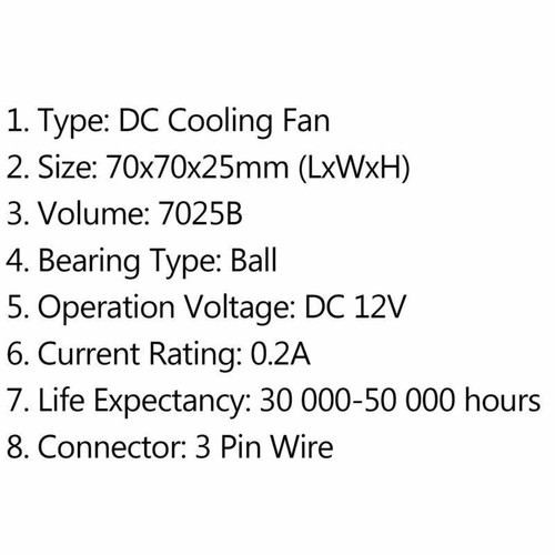 1Pcs DC Brushless Cooling PC Computer Fan 12V 7025B 70x70x25mm 0.2A 3 Pin Wire` - Afbeelding 6 van 6