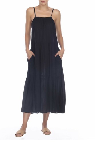 BOHO ME Black Tiered Side Pocket Square Neck Adjustable Strap Maxi Midi Dress S