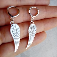 Angel wing Huggie Hoop Earrings leverback Bird wing Silver tone unisex women men