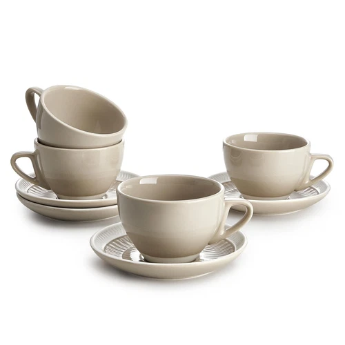 Sweese 6 Ounce Cappuccino Cups with Saucers, Porcelain Double Espresso Cups S...
