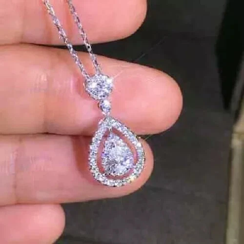 2Ct Pear Cut Lab-created Diamond Pendant 14K White Gold Plated Free Chain - Image 3 of 4