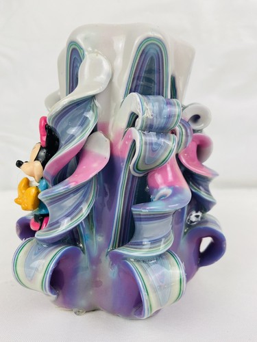 Candela colonna nastro scolpito a mano Minnie Mouse rosa e viola pastelli 5" vintage - Foto 3 di 9