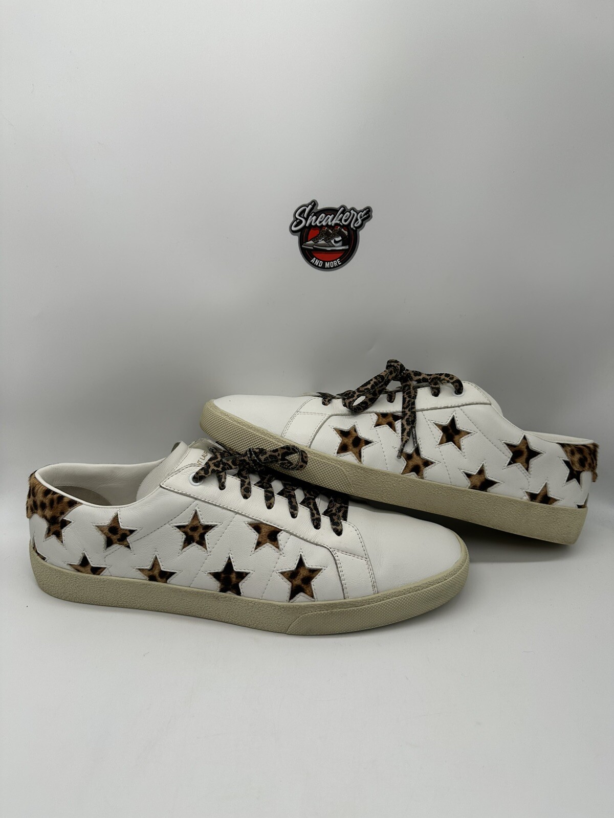 Saint Laurent pelle SL 06 bassa stella leopardata pony capelli bianchi uomo taglia 14 47