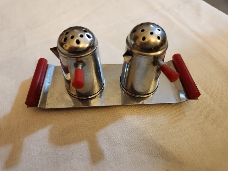 1940's Vintage Occupied Japan Salt & Pepper Set w/ Tray; Handle and Spout Motif