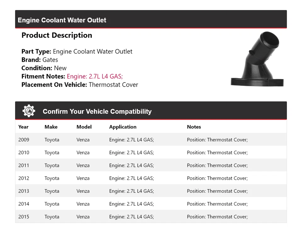 Cubierta termostato salida agua refrigerante motor Toyota Venza 2009-2015 puertas Foto 2 de 4