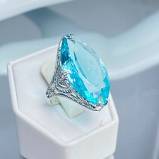 Art Deco Ring, 13ct Simulated Aquamarine Filigree Sterling Silver 75