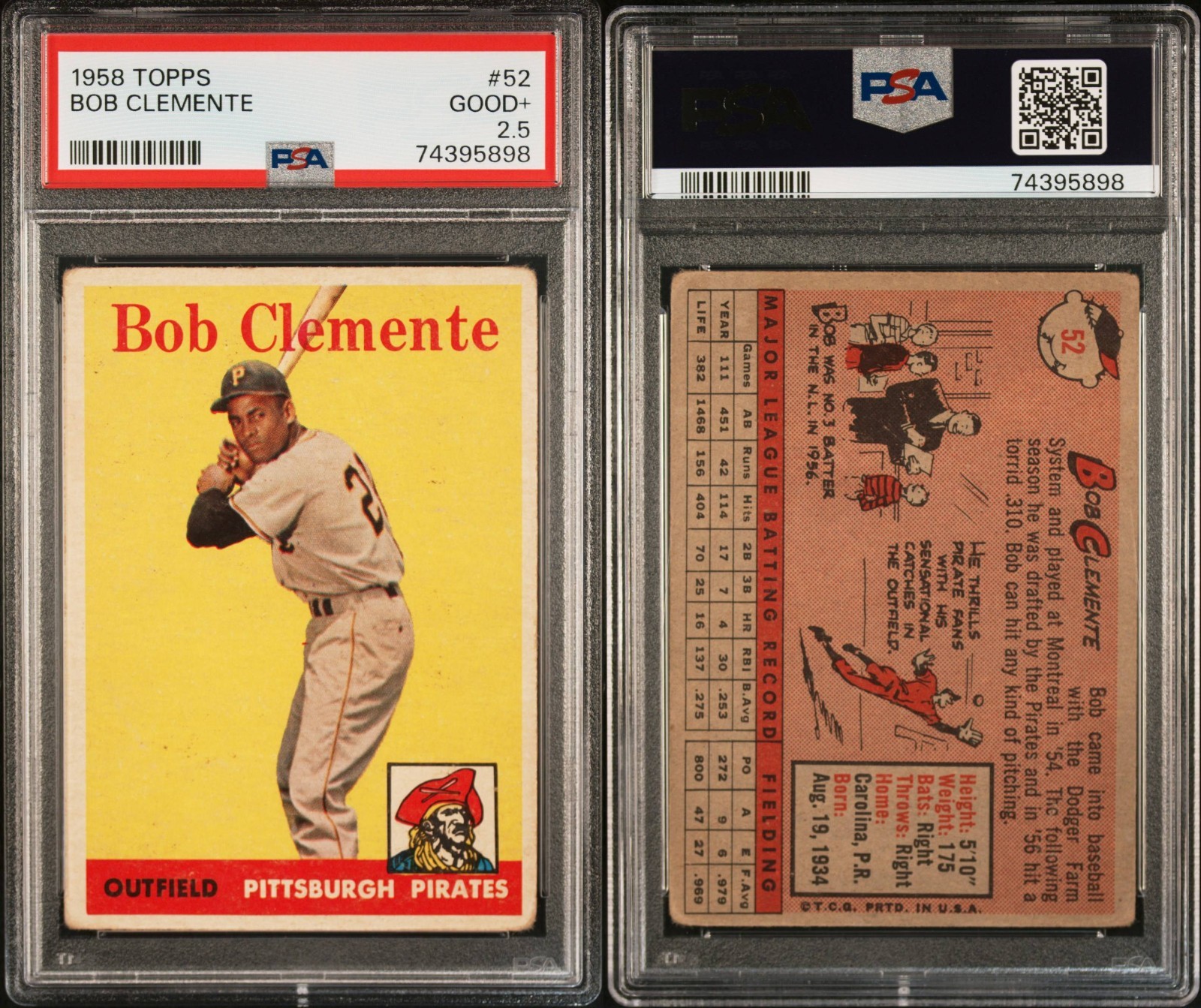 1958 Topps Baseball Card #52 Roberto "Bob" Clemente HOF Pirates PSA 2.5 Good+ view 4