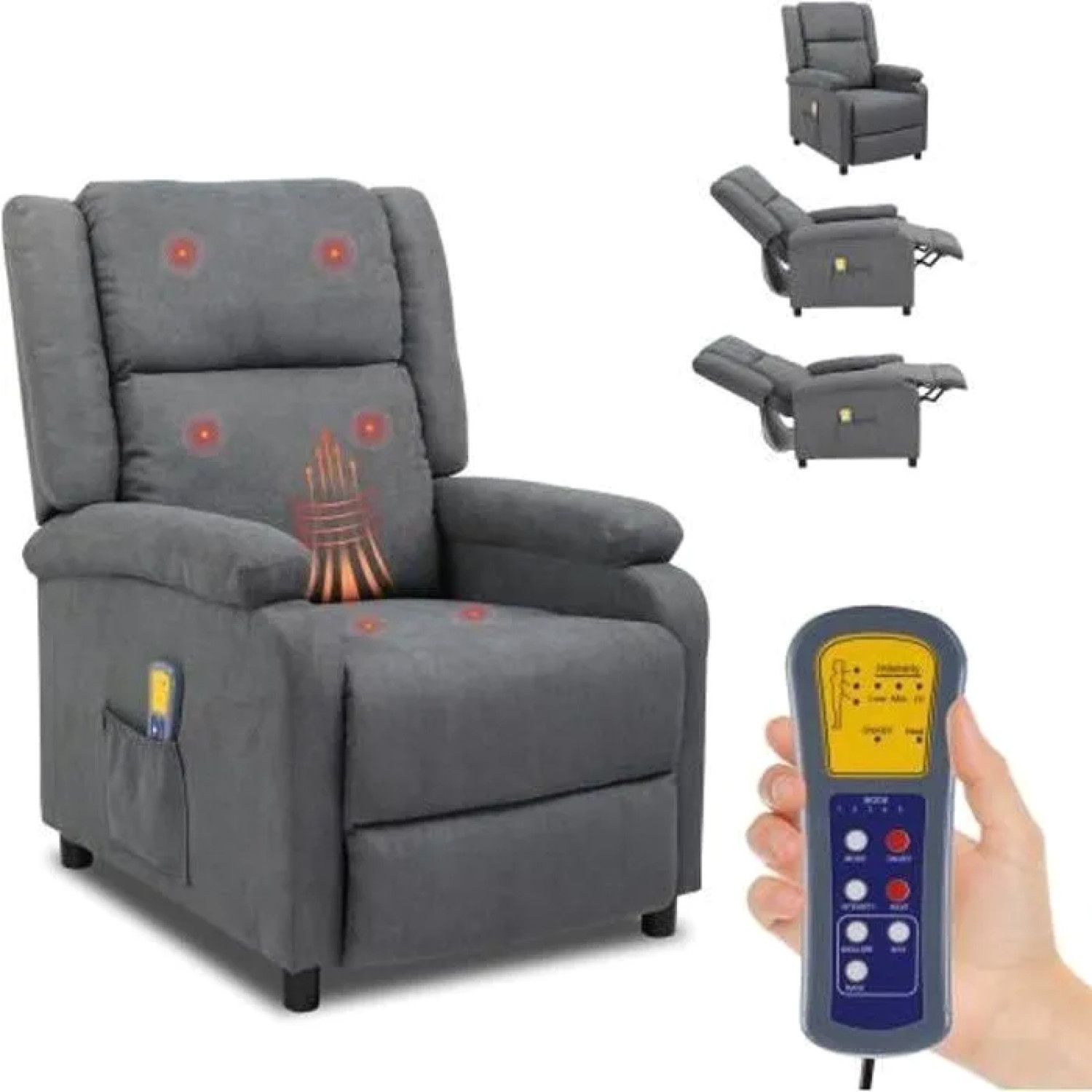 Fauteuil massage inclinable tissu gris repose-pieds ajustable siège relax de salon