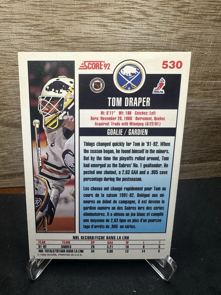 1992-93 Score Tom Draper Buffalo Sabres #530 In-Person ON-CARD AUTO - Image 2 of 2