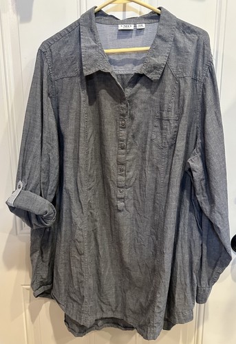 Cato Chambray Mujer 1/4 Botón Delantero Talla Grande 26/28W Gris Manga Larga con Pestaña Enrollable - Imagen 16 de 18