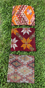 3 Vtg Boho Hippie Tribal TURKISH Colorful Kilm Wool Rug 16” Square Pillow Covers