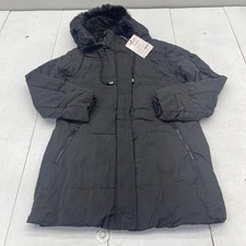 Black Hooded Puffer Parka Coat Womens Medium Faux Fur Trim Zip Pockets Winter