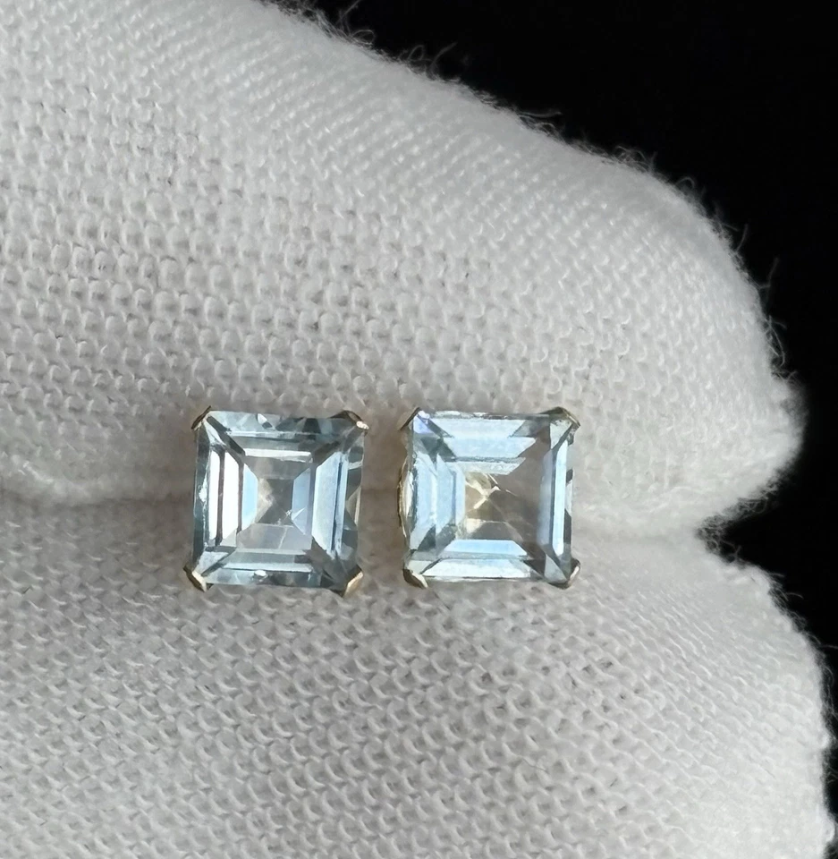 Brincos quadrados vintage de ouro amarelo 14K criados em laboratório espinélio azul 5mmX5mm - Imagem 3 de 4