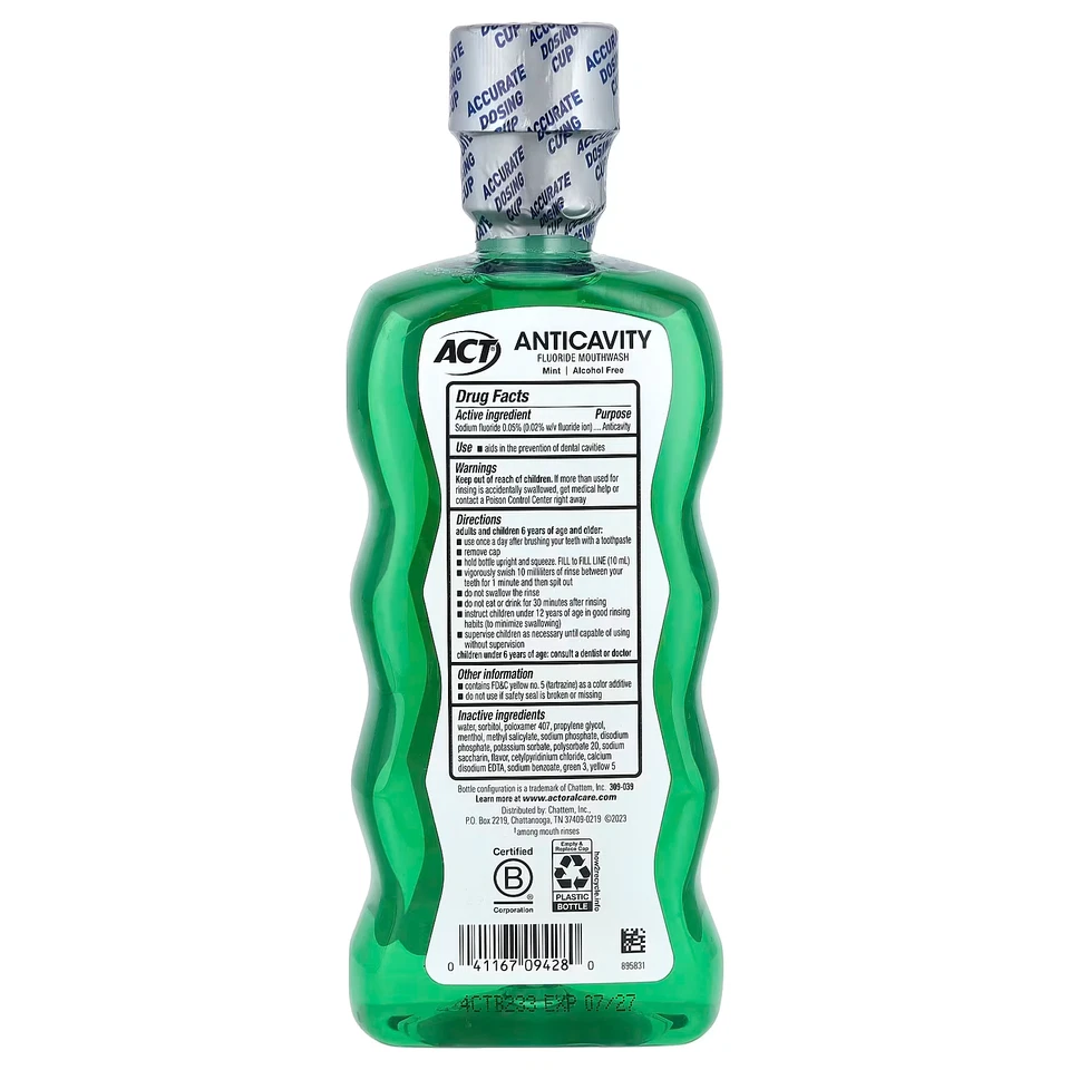 5 x ACT Anticavity Fluoride Mouthwash, Alcohol Free, Mint 18 fl oz (532 ml) - image 2 of 2
