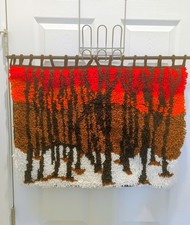Vintage 70s Latch Hook Rug Wall Hanging Sunset Forest