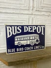 Vintage Bus Depot Blue Bird Coach Lines Sign Service Station Advertising Oil Can