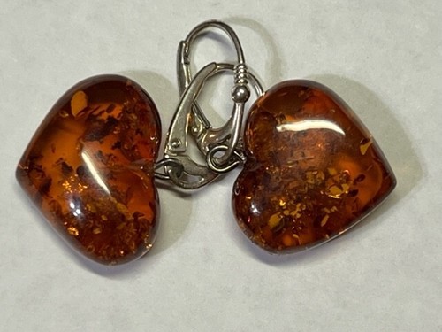 GORGEOUS HEART SHAPED BALTIC AMBER EARRINGS : STERLING SILVER MOUNT - Picture 6 of 11