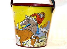OHIO Cowboy Wild West Horse Sand Pail Tin  Shovel 1950s