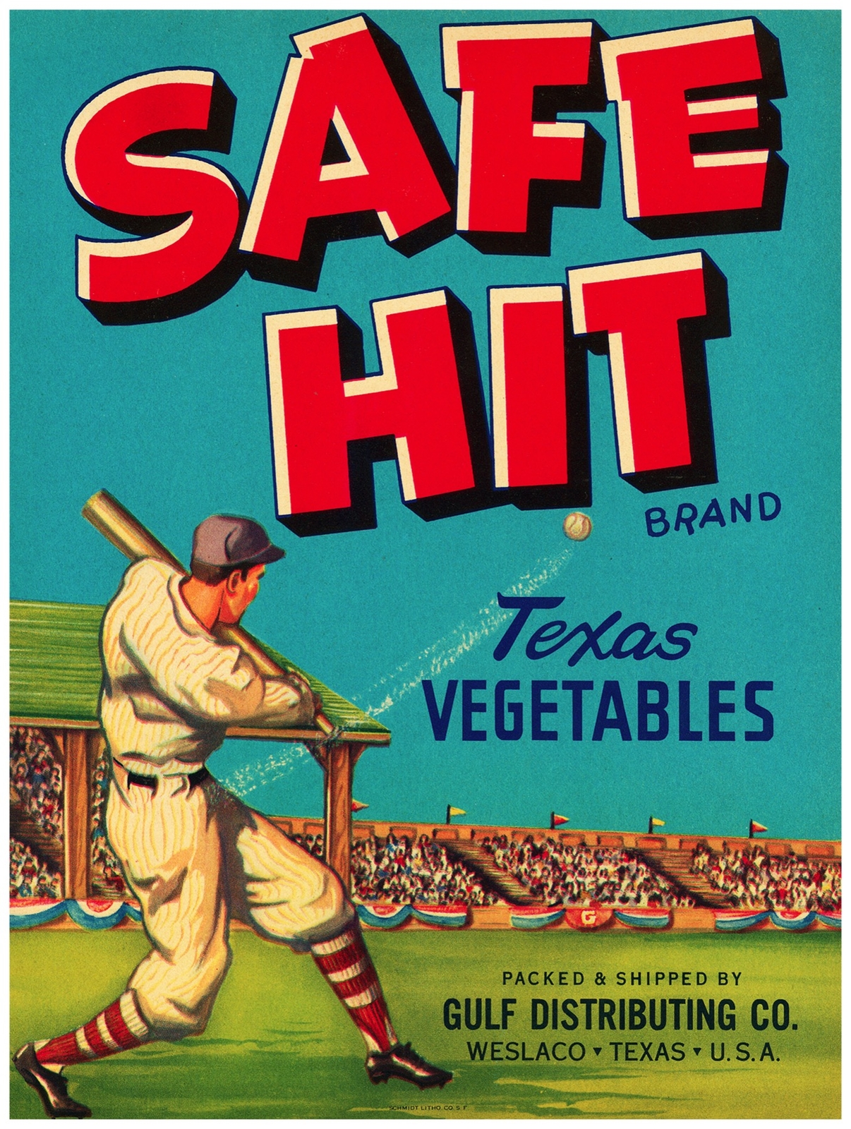 7798.Safe hit.texas begetables.man hitting ball with bat.POSTER.art wall decor